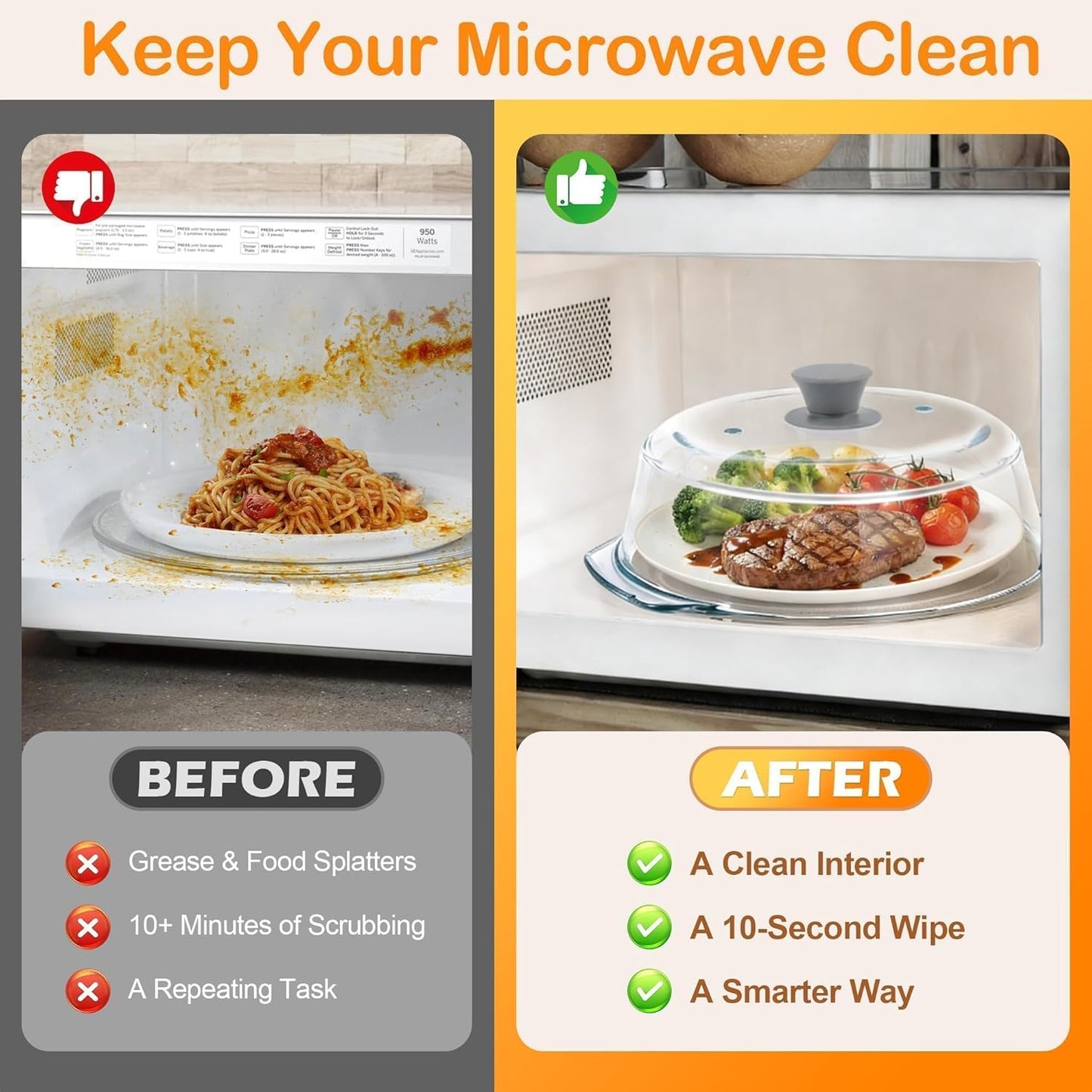 Glass Microwave Splatter Cover for Food with Microwave Place Mat - Sturdy Plate Guard Lid with Vent Holes and Easy-Grip Silicone Handle - BPA Free, Dishwasher Safe (Black)