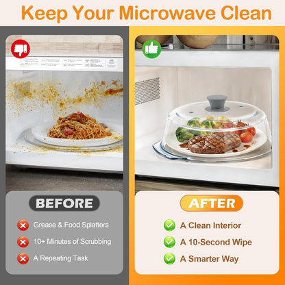 Glass Microwave Splatter Cover for Food with Microwave Place Mat - Sturdy Plate Guard Lid with Vent Holes and Easy-Grip Silicone Handle - BPA Free, Dishwasher Safe (Black)