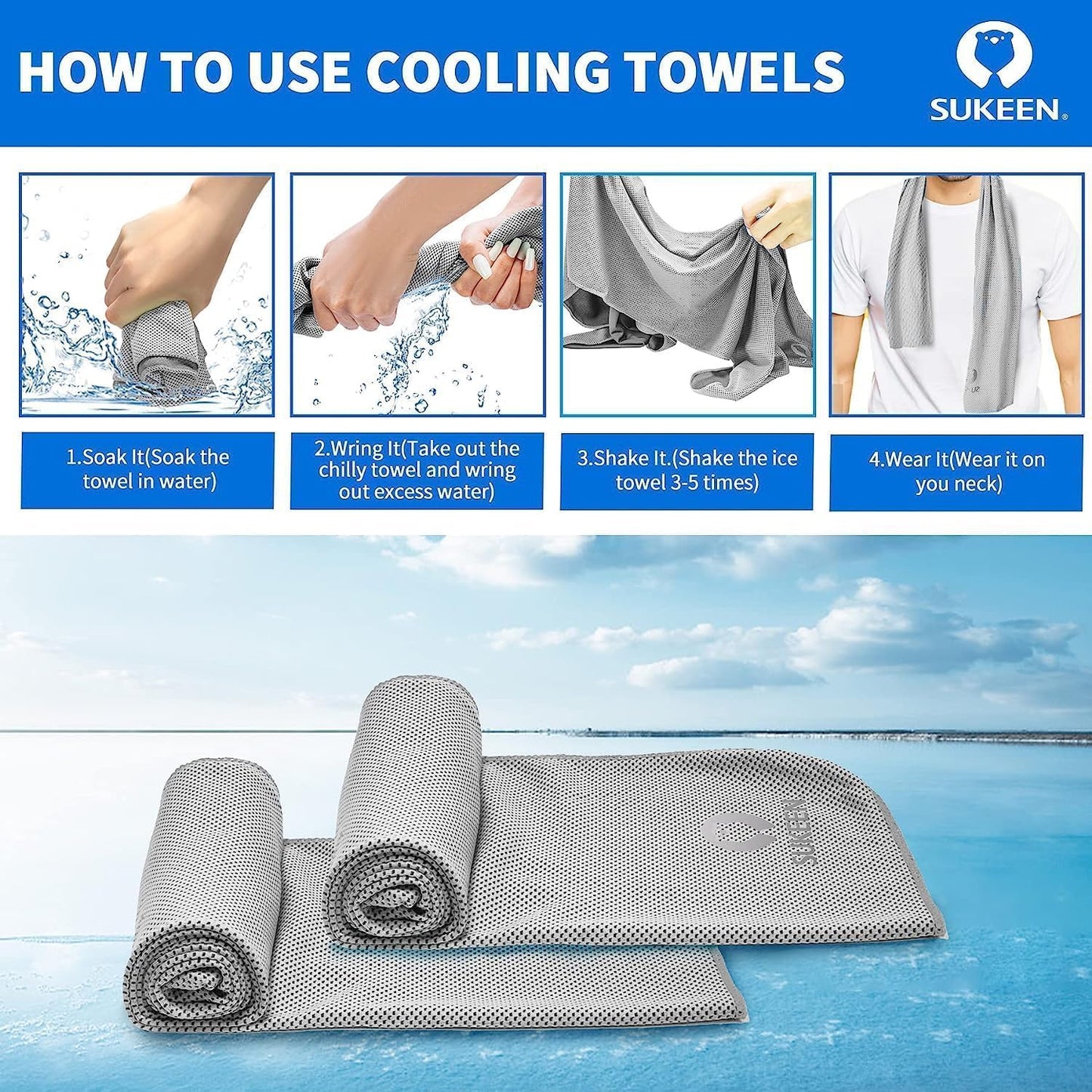 Sukeen Cooling Towels 6 Pack (40"x12"), Cooling Neck Wraps, Ice Towels, Microfiber Breathable Cooling Towel for Hot Weather, Sweat Towel for Gym, Sport, Running, Golf, Workout, Camping, Fitness
