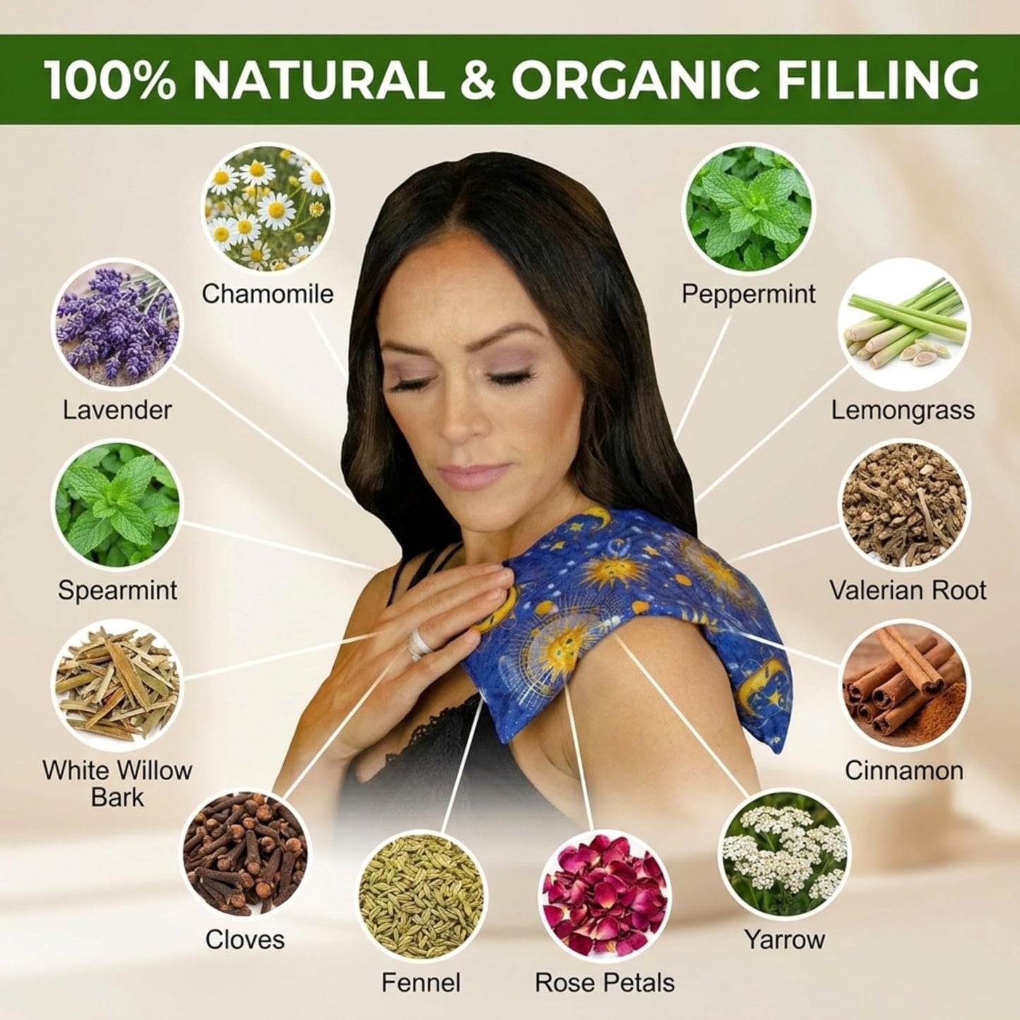 Nature's Approach Basic Herb Pack Heating Pad, Indigo | 12-herb aromatherapy rice & flaxseed fill for hot or cold therapy on neck, back, shoulders & more