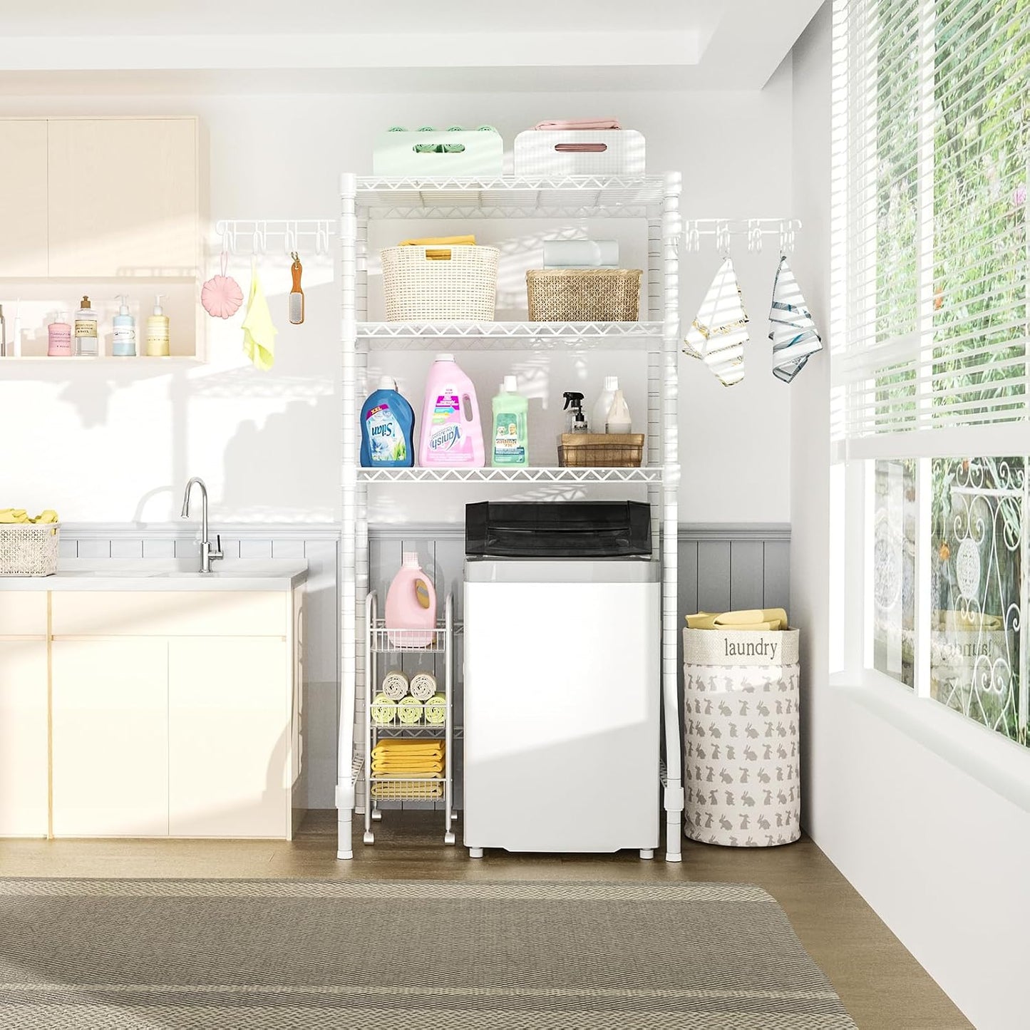 U8 Medium Laundry Room Storage Organizer, Over the Washer and Dryer Storage Shelves for Laundry Organization, 32.3”W x 17.3”D x 76.2”H, Suit Washing Machine Width within 29.9”, Hold 304 lb, Black