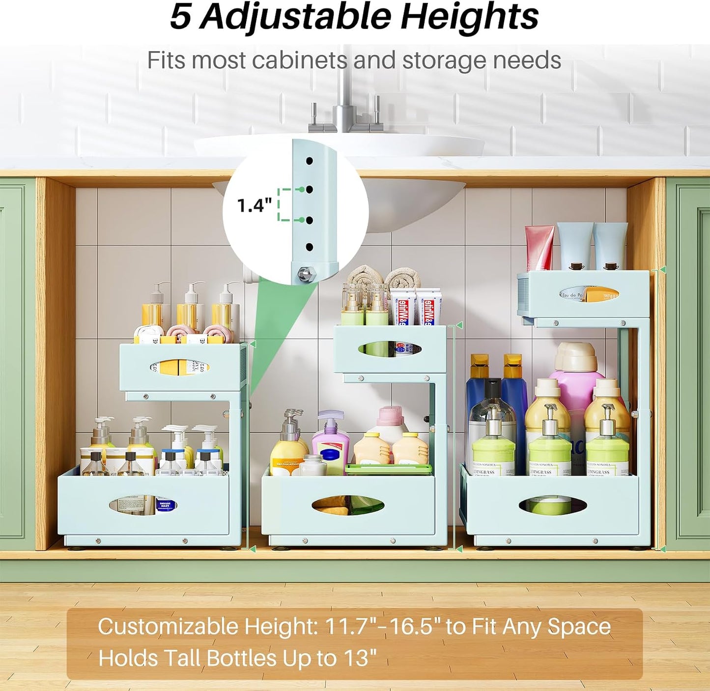 Under Sink Organizer, 2-Pack Pull Out Cabinet Organizer 2 Tier Metal Slide Out Storage Shelf Rack, L-Shaped Adjustable Height,Mesh Sliding Drawer for Kitchen, Bathroom, Laundry, Pantry, White, XL