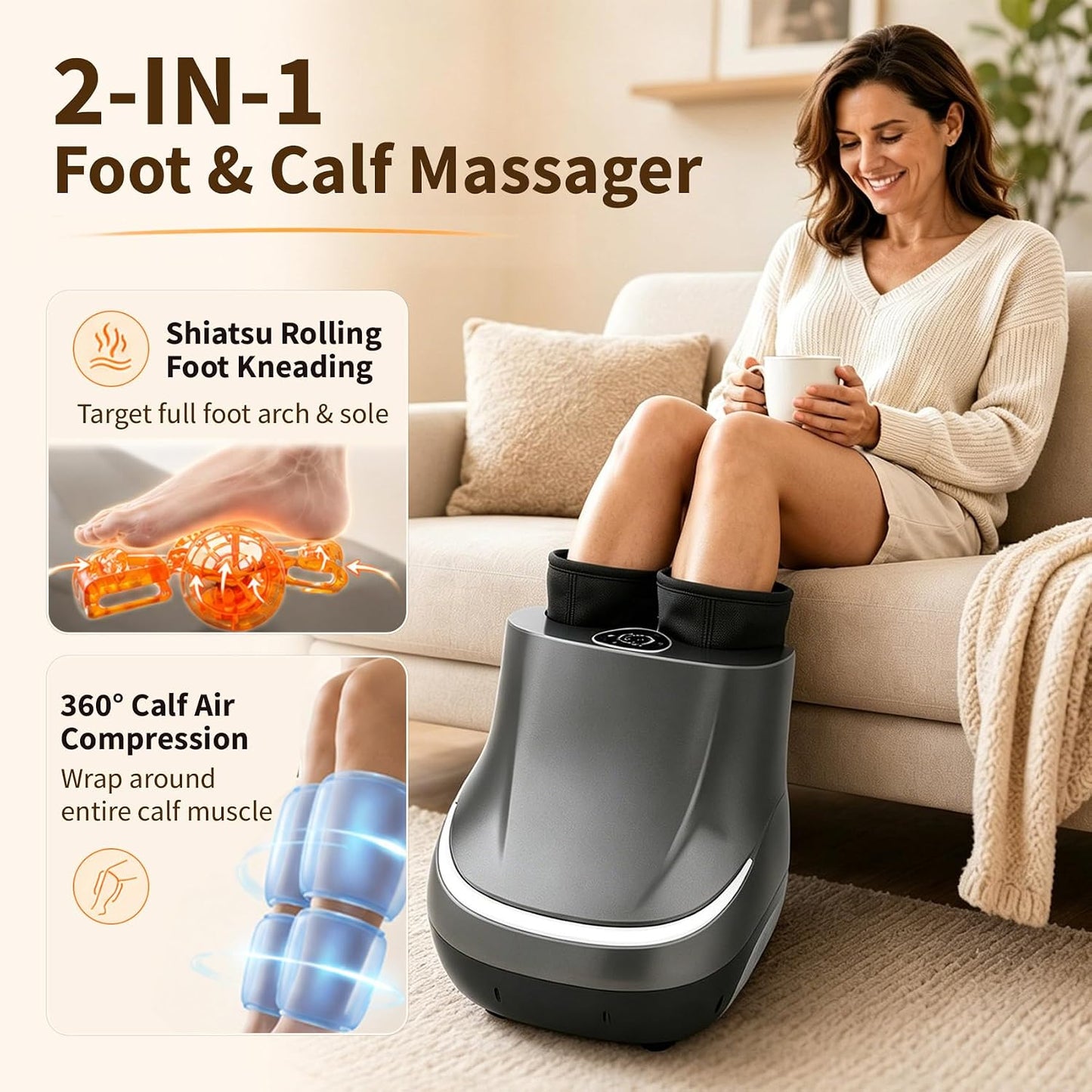 2-in-1 Foot & Calf Massager with Heat, Shiatsu Foot Massage Machine | 3 Massage Modes, 3 Intensity Levels, Electric Foot and Leg Massager, Fits Men Up to Size 11 & Women Up to 12.5