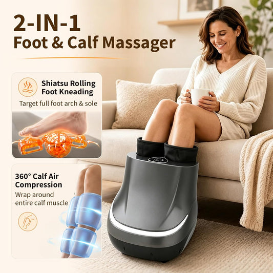 2-in-1 Foot & Calf Massager with Heat, Shiatsu Foot Massage Machine | 3 Massage Modes, 3 Intensity Levels, Electric Foot and Leg Massager, Fits Men Up to Size 11 & Women Up to 12.5