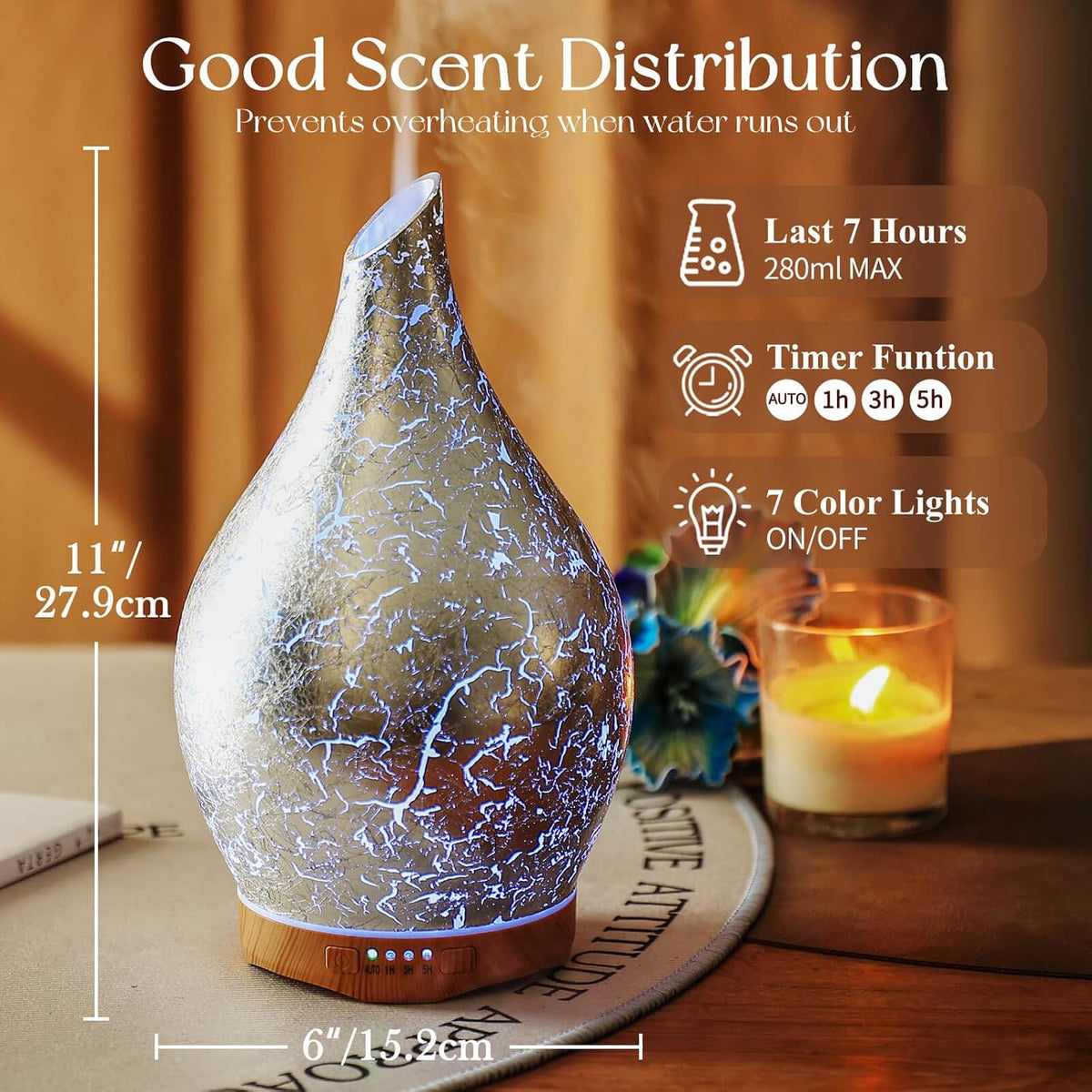 Porseme Essential Oil Diffuser 280ml Handmade Glass Diffuser 7H Runtime | Elegant Handmade Glass Aroma Diffuser with 7-color LEDs, Quiet Aromatherapy and Safe Auto Shut-off, Perfect for Gifts