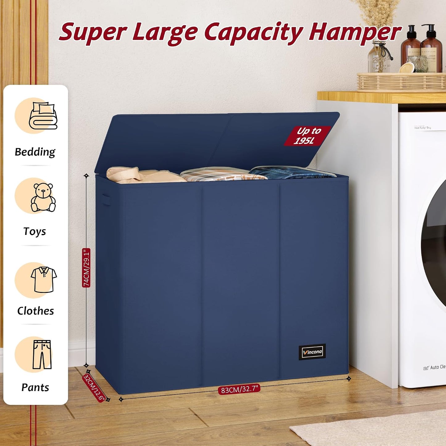 195L Laundry Hamper 3 Section,Large Laundry Hamper with Lid,Dirty Clothes Hamper with 3 Inner Bags,Collapsible Laundry Basket Organizer for Laundry Room,Bedroom,Laundry Sorter Hamper 3 Compartment