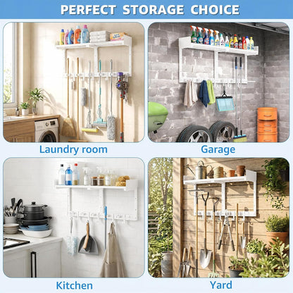 27" Mop and Broom Holder Wall Mount with Top Storage Shelf & Hooks,Black | Mop Hanger Wall Mount, 5 Grippers, 5 Hooks, Wall Organizer For Laundry Room, Garage And Kitchen