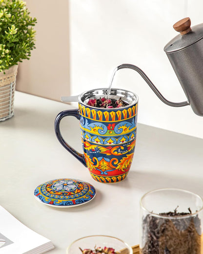 vancasso 18 Oz Tea Infuser Mug with Lid, Mint Petal Whirl | Eye catching Bohemian pattern, adds charm to any tea corner, ceramic mug with infuser, microwave and dishwasher safe