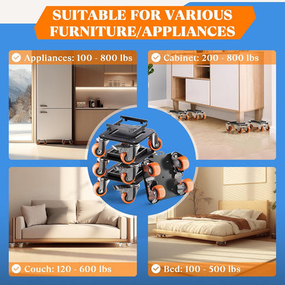 Furniture Movers with Wheels, Upgraded Guardrails for No Slips, Heavy Duty Furniture Dolly, Furniture Sliders with Wheels, Furniture Lifter Tool Included (Orange, 6.3" × 6.3" Pro)