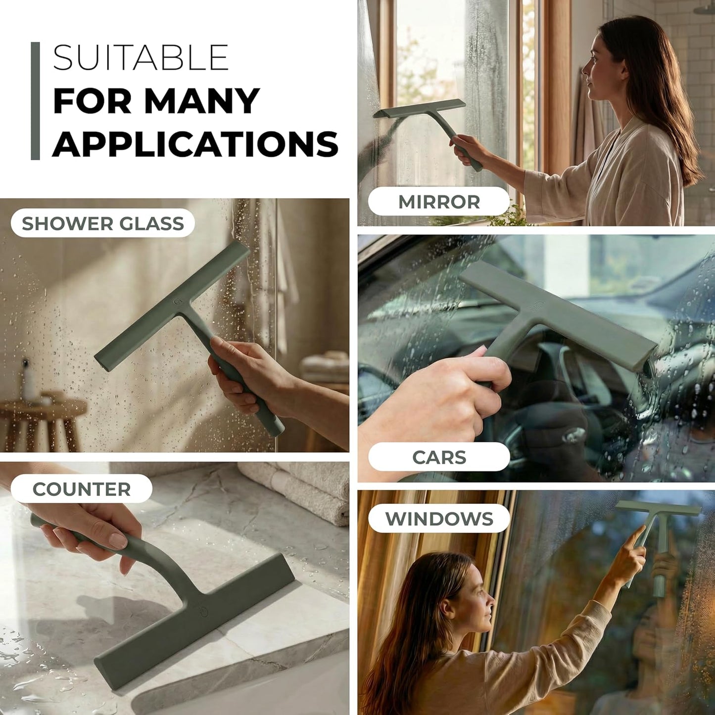 Silicone Shower Squeegee with 3-in-1 No-Drill Mount, Black, 9'' | Squeegee for Glass Doors & Mirrors with Stainless Steel Core, Streak-Free & No-Squeak Window Cleaning, Hook/Suction/Adhesive