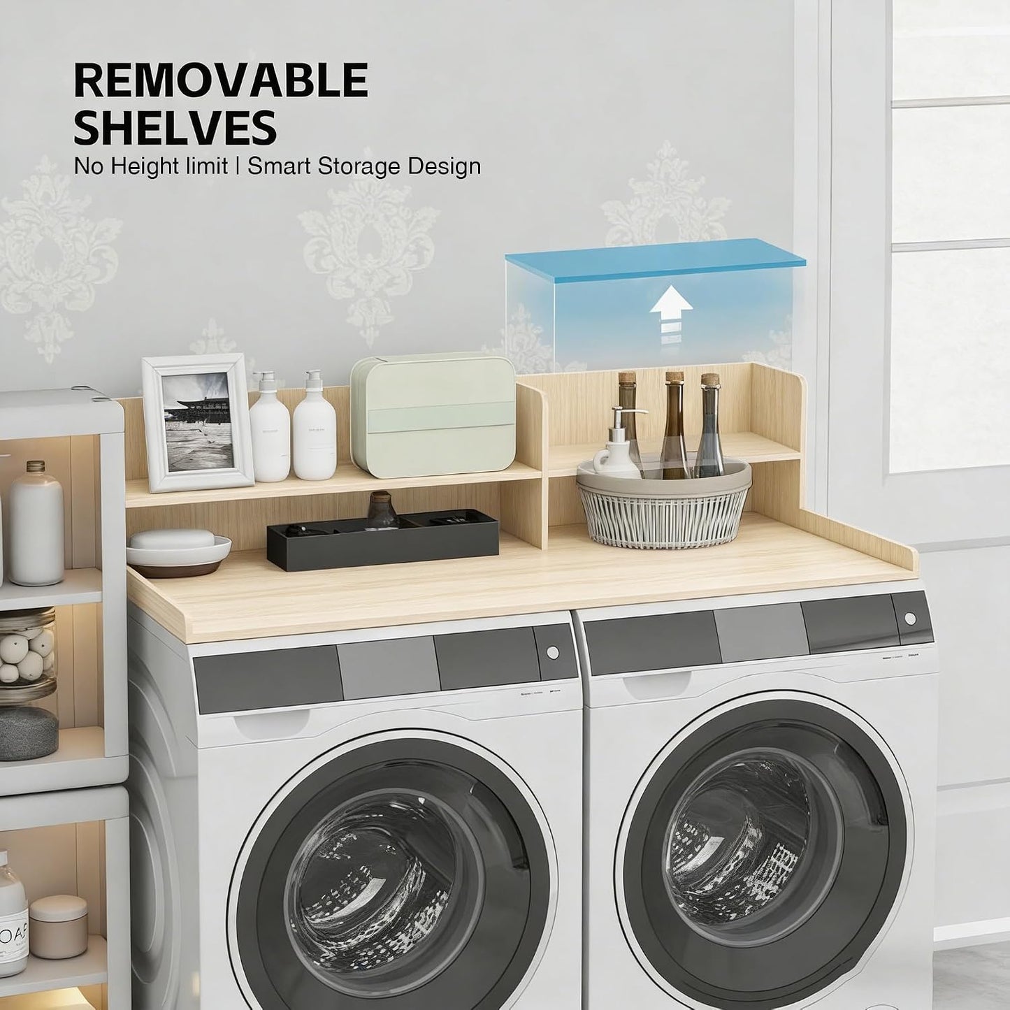 2 Tier Wooden Washer Dryer Topper, Large Laundry Countertop Cover, Walnut | Washer And Dryer Topper Non-Slip Pads,Over Washer And Dryer Shelves For Clothes Folding,Space Saving Laundry Room Organizer