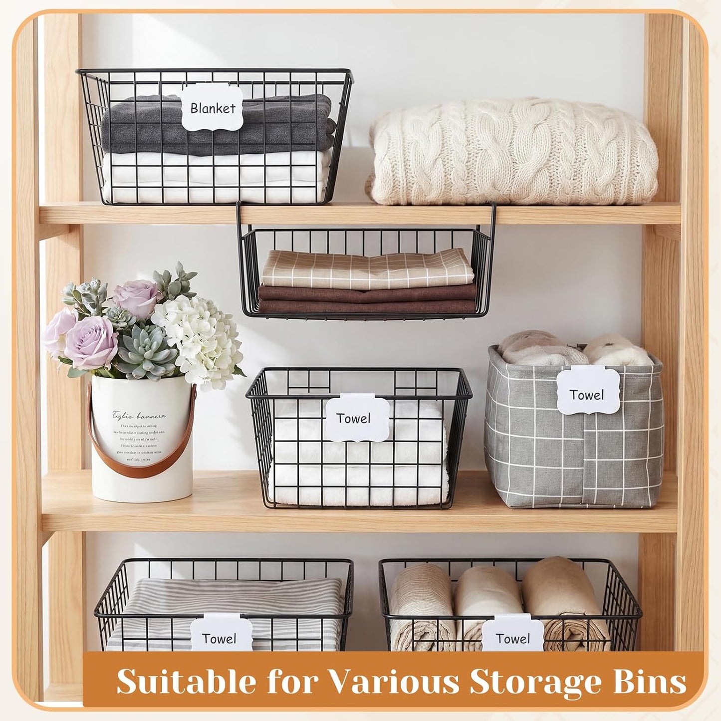 50 Pcs Black Basket Labels Clip on for Storage Bins, Removable PVC Bin Clip Labels with 4 Chalk Markers for Basket Pantry Cubes Organization Container