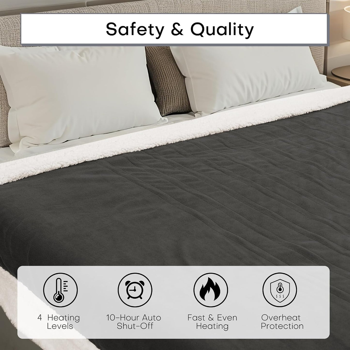 Electric Heated Blanket Full Size 72"x84" – Light Gray | ETL for Safe Overnight, 4 Heat Settings & 10H Auto Off, Dual-Sided Microplush Sherpa for Home Night, Machine washable