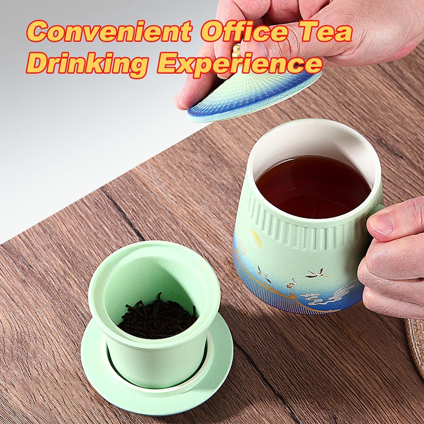 Loose Leaf Tea Cup with Infuser and Lid, 14.8oz Chinese Ceramic Mug with Fine Mesh Strainer, Office Steeping Cup for Tea Lovers Gifts