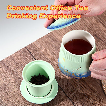 Loose Leaf Tea Cup with Infuser and Lid, 14.8oz Chinese Ceramic Mug with Fine Mesh Strainer, Office Steeping Cup for Tea Lovers Gifts