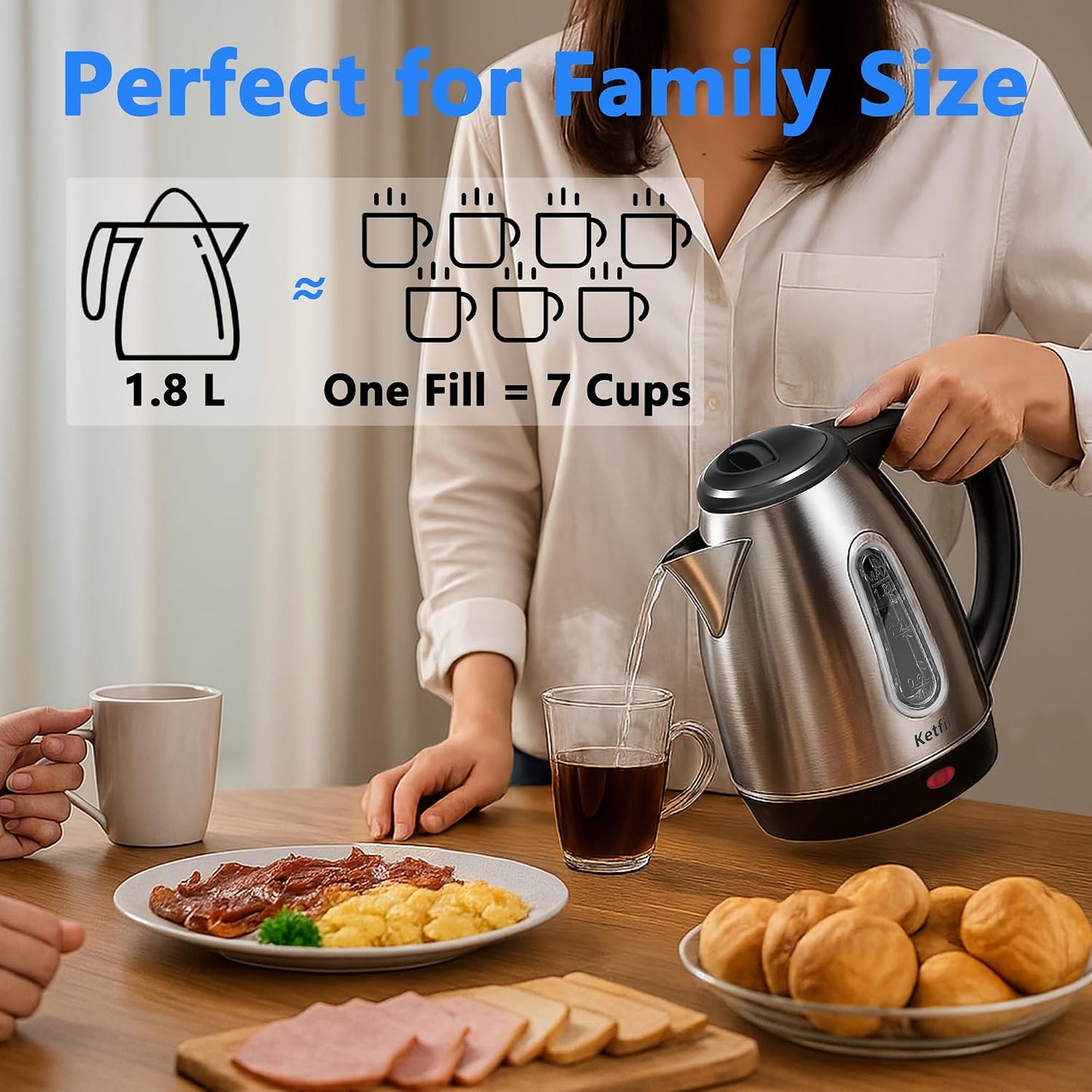 Stainless Steel Electric Kettle, 1.8 Liters Tea, Coffee Kettle & Hot Water Boiler, 360° Swivel Base, BPA Free, Auto Shut-Off, Boil-Dry Proof, 1100W