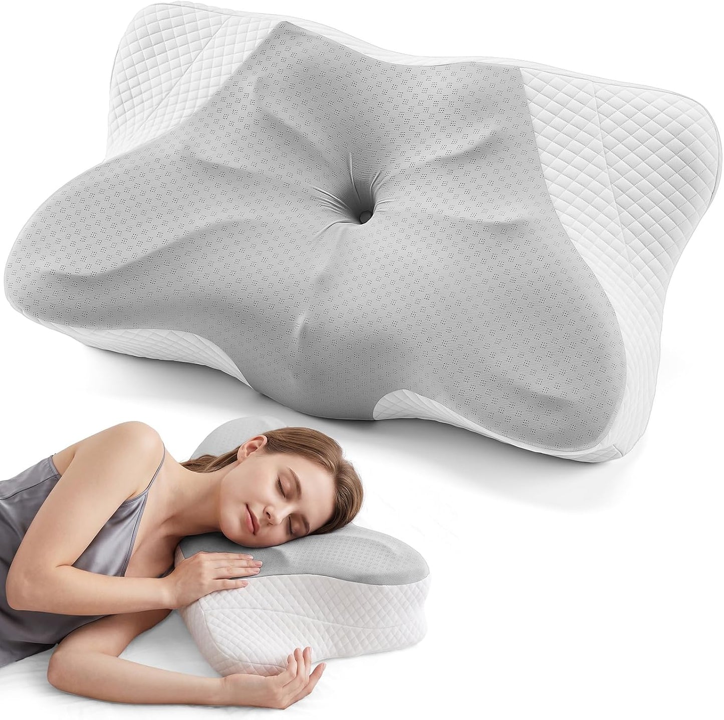 Sweetcrispy Cervical Pillow for Neck and Shoulder - Ergonomic Memory Foam Pillows, Contour Side Sleeper for Adults, Cooling Orthopedic Neck Support for Back Stomach Sleepers, White