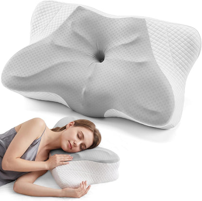 Sweetcrispy Cervical Pillow for Neck and Shoulder - Ergonomic Memory Foam Pillows, Contour Side Sleeper for Adults, Cooling Orthopedic Neck Support for Back Stomach Sleepers, White