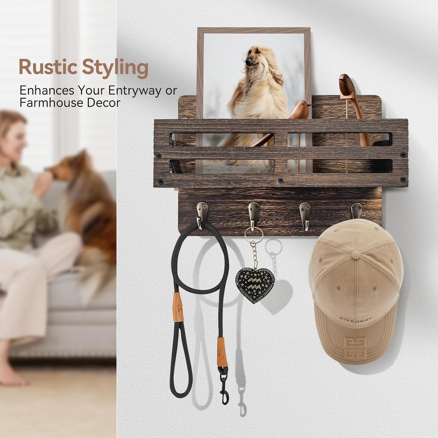 Key Holder Wall Mount, 10 inch Decorative Key and Mail Holder for Wall, with Mail Organizer & 4 Key Hooks, Rustic Wooden Key Rack for Hanging Dog Leash Sunglasses, Entryway Key Hanger, Black