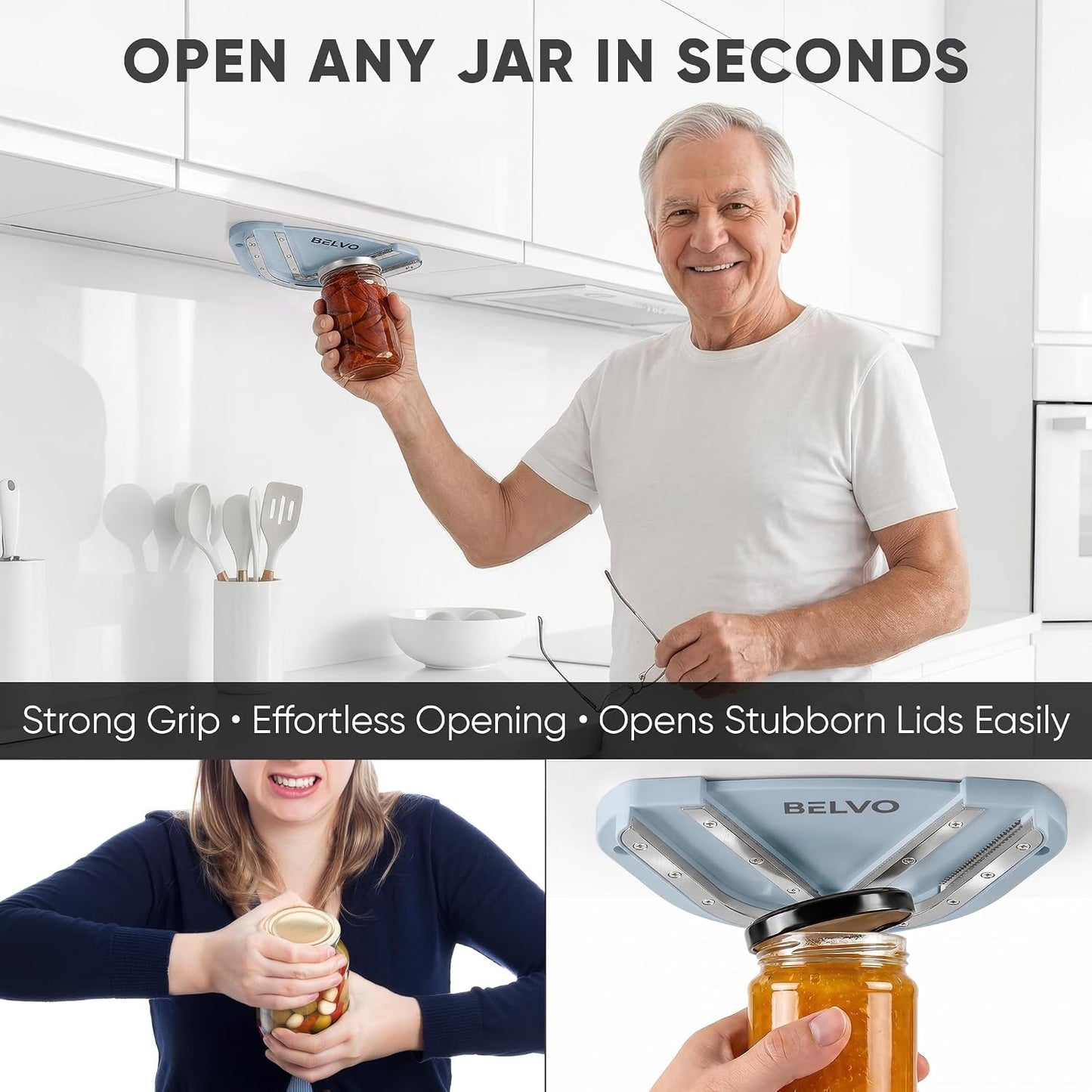 Belvo Under Cabinet Jar Opener for Weak Hands & Seniors – Heavy Duty Lid Opener for Arthritis, Easy Grip Under Counter Jar Opener Tool for Bottles & Lids – White