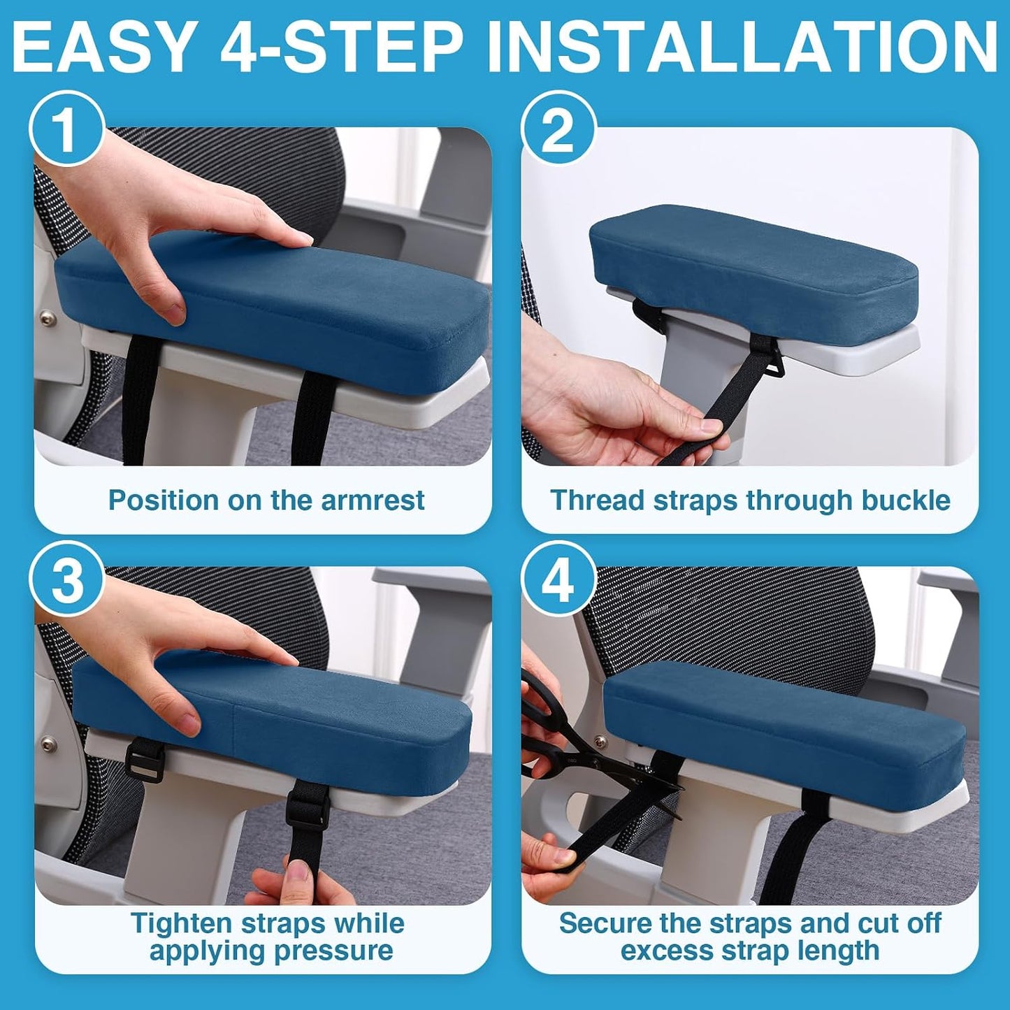 Smiry Memory Foam Office Chair Armrest Pads, Non-Slip Armrest Cushion | Ergonomic Arm Rest Pads with Adjustable Buckles and Straps, Elbow Relief for Desk, Gaming & Wheelchair, Black, Set of 2