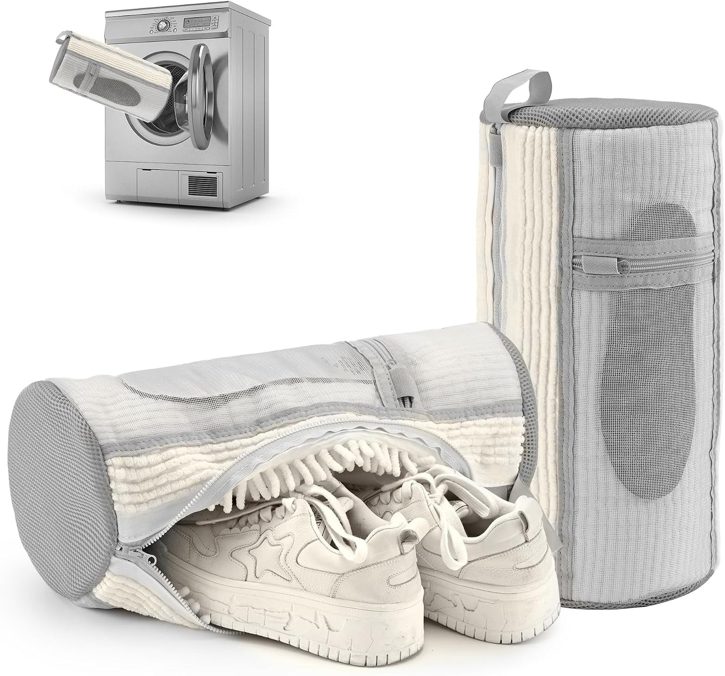 Shoe Washing Machine Bag: 2 pcs laundry Shoe Bag for Washer and Dryer – Dual Mesh Pockets for Insoles & Laces - 360° Deep Clean Bag for Sneakers Tennis Running Shoes(Grey)