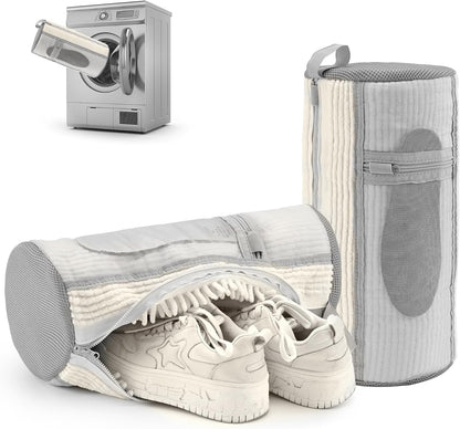 Shoe Washing Machine Bag: 2 pcs laundry Shoe Bag for Washer and Dryer – Dual Mesh Pockets for Insoles & Laces - 360° Deep Clean Bag for Sneakers Tennis Running Shoes(Grey)