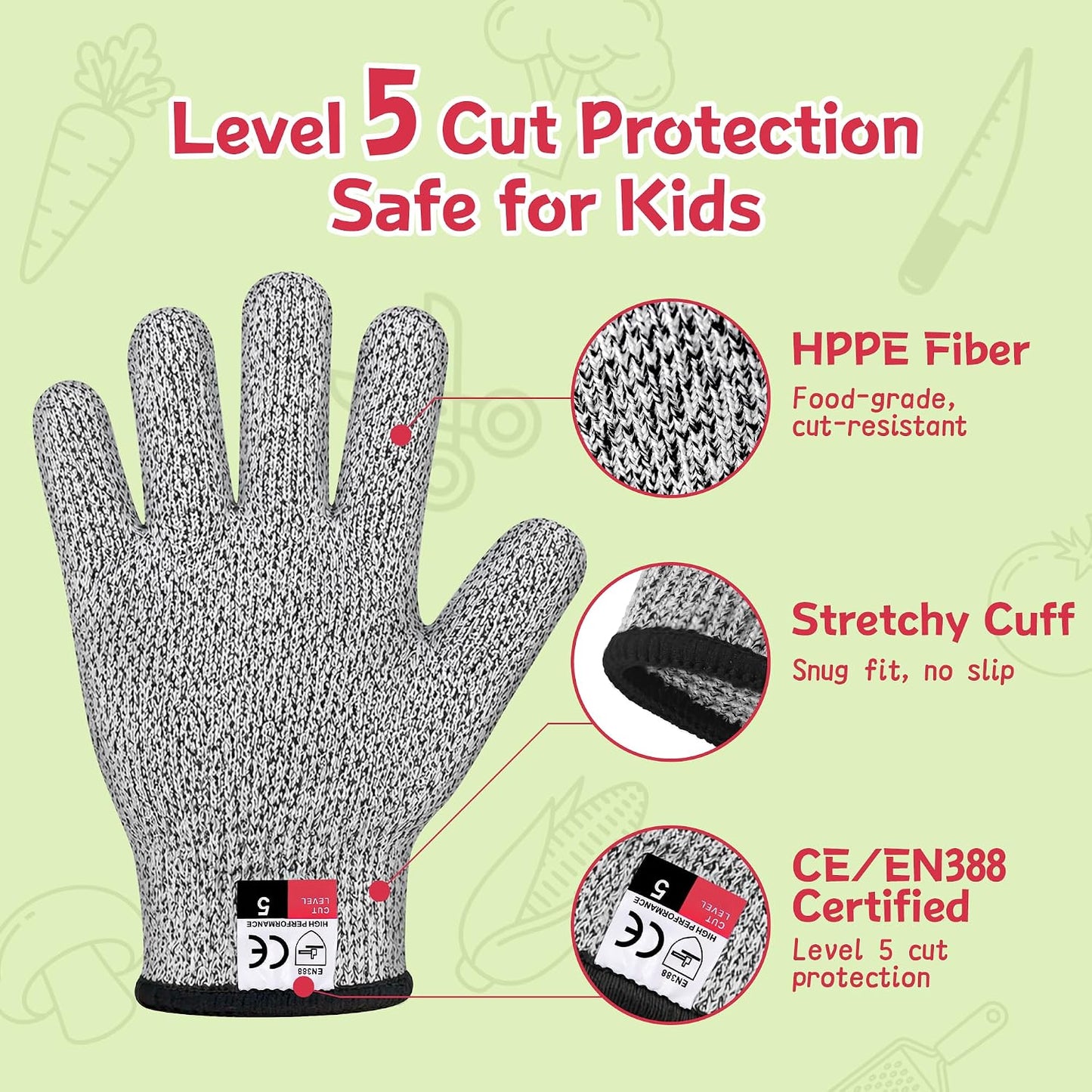 Level 5 Cut Resistant Gloves for Kitchen Food Grade, Machine Washable for Indoor&Outdoor Use