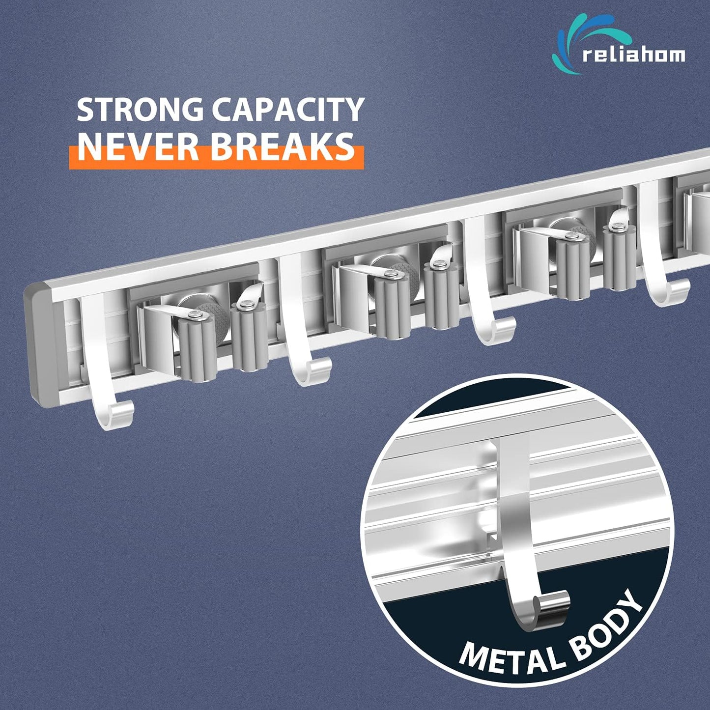 reliahom Broom Holder Wall Mount Mop Hanger Tools organizer 5Racks 4Hooks | Adjustable Mop Broom Wall Hanging Heavy duty Tools Storage Rack Space-saving for Garage,Kitchen,Laundry Room,Garden, Silver