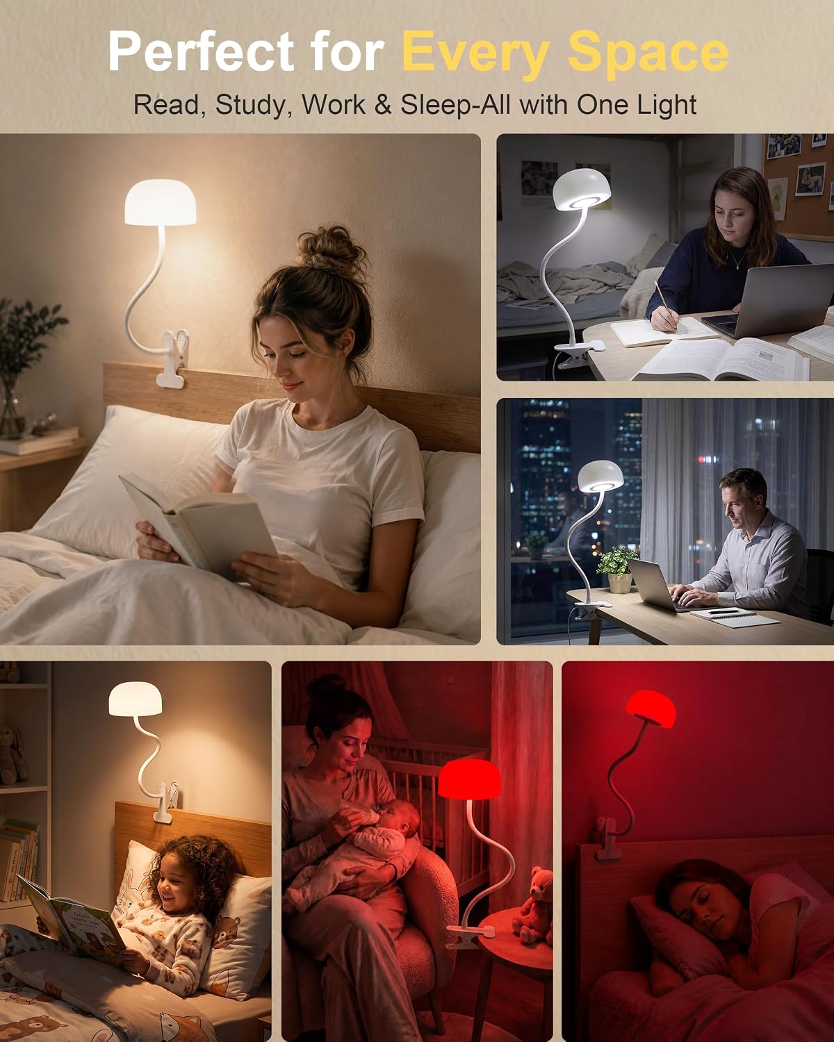 Clip on Light for Bed, Headboard Reading Lamp, Dorm Room Essentials | Flexible Mushroom Desk Lamp, Top & Bottom Lighting, 3 Colors Modes+670nm Red Light LEDs, 5 Brightness,Timer, Adapter Included