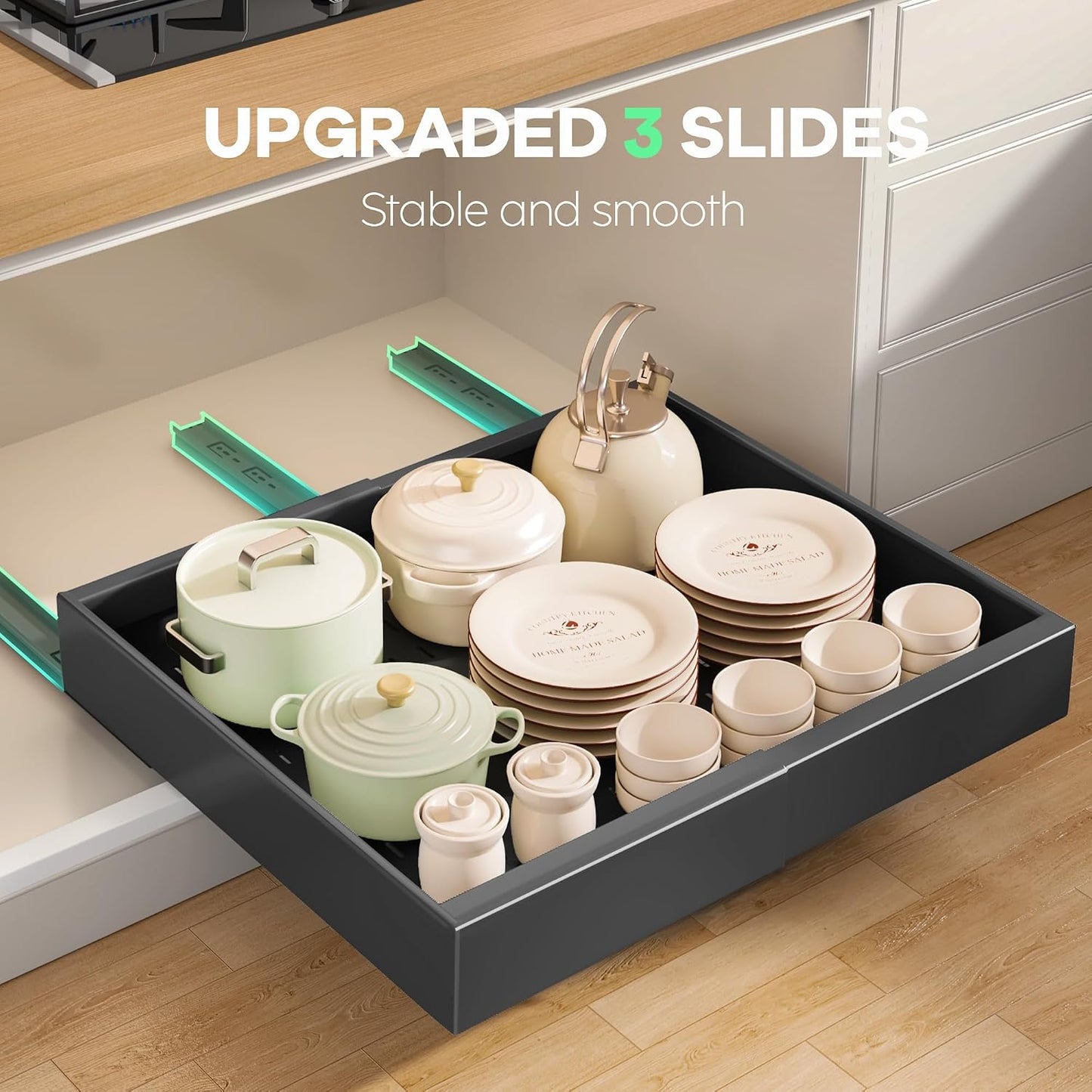 Seinloes 2Pack Pull out Cabinet Organizer 21"Deep with 4 Adjustable Dividers,Expandable（12.1"-20.4"W） Pots and Pans Organizer Under Cabinet with Raising Pad for Framed Cabinets,Slide out Drawers,White