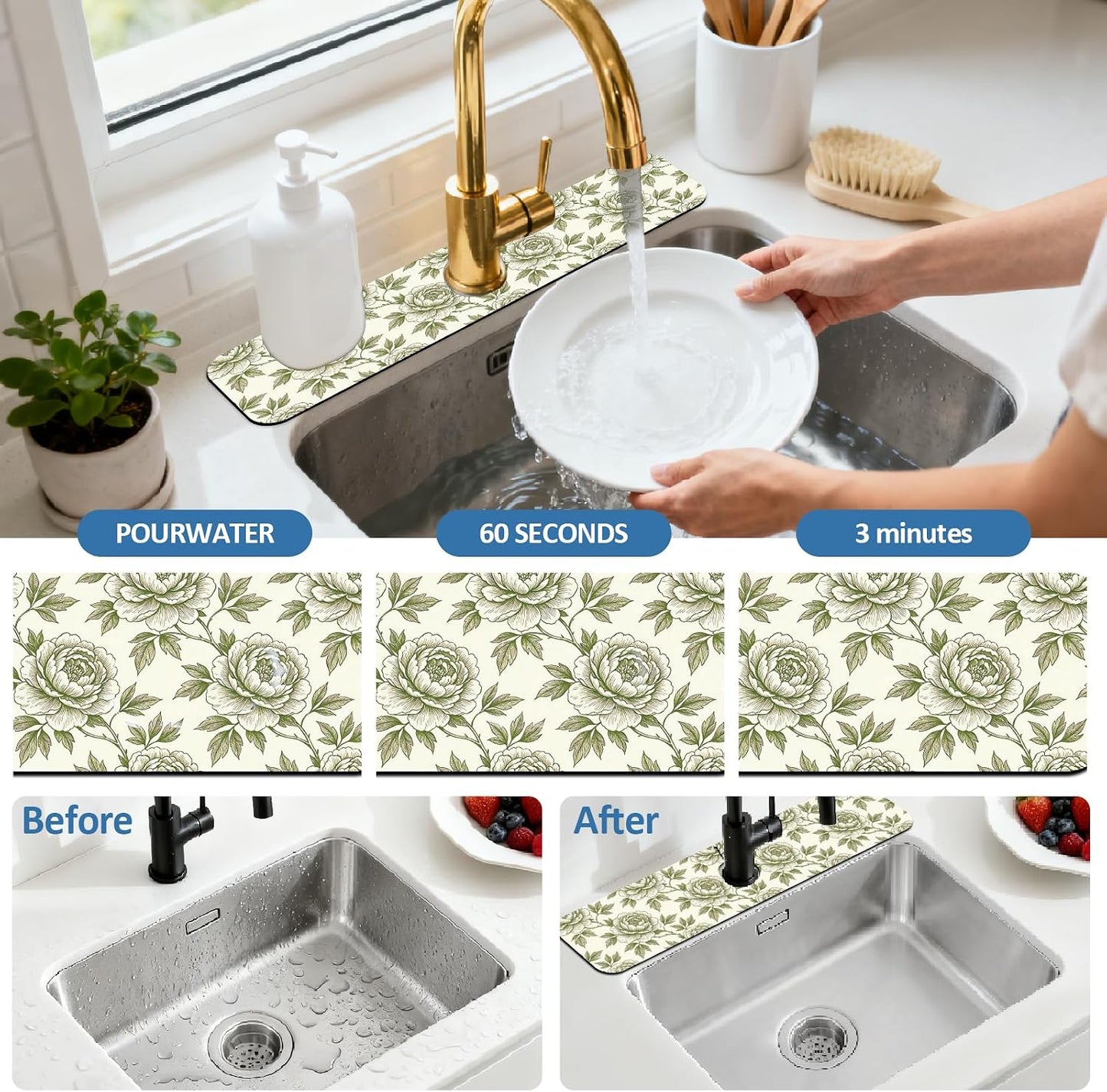 2Pcs Peonies Kitchen Sink Splash Guard Faucet Mat Vintage Florals Faucet Mat For Bathroom Kitchen 5.5x23.6In