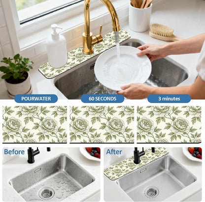 2Pcs Peonies Kitchen Sink Splash Guard Faucet Mat Vintage Florals Faucet Mat For Bathroom Kitchen 5.5x23.6In