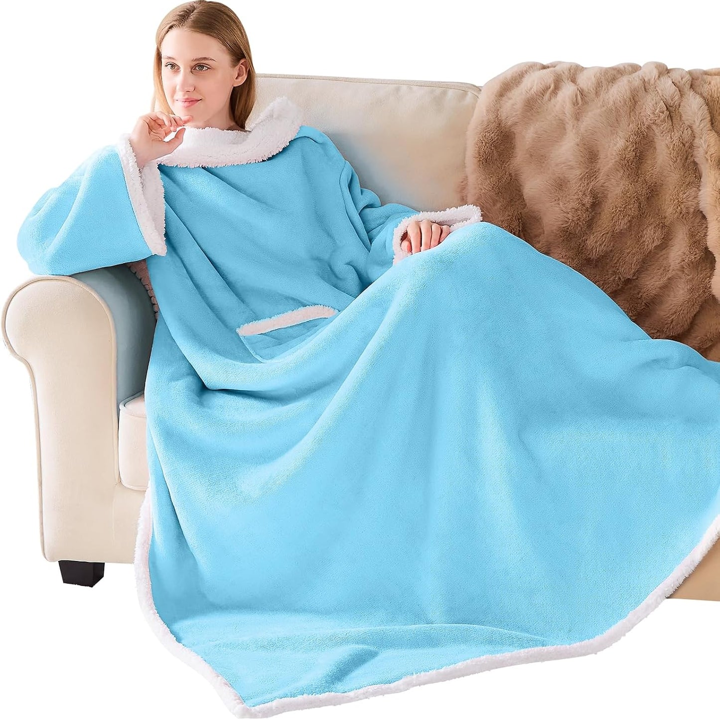 IFNOW Sherpa Wearable Blanket with Sleeves, Oversized Snuggle Robe, Purple | 430GSM Thick, 55x69", Big Pocket, TV Blanket,Fall Winter Dorm Essentials or Office, Christmas Birthday Gifts for Women Men