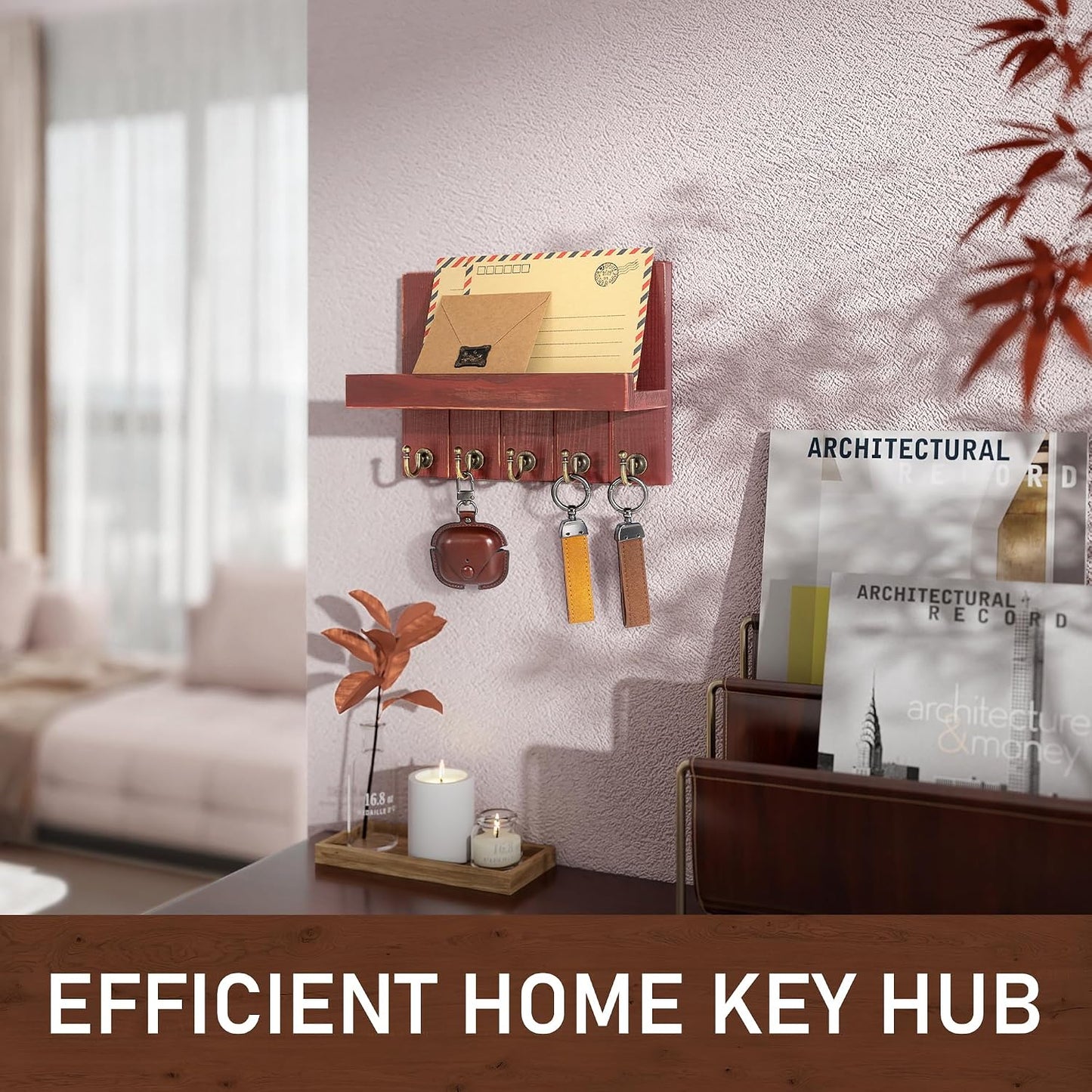 Rebee Vision Key Holder Wall Mount with 5 Key Hooks for Home Decor, Brown | 3.54'' x 10'' x 7.28'', Small Shelf for Display Plant, Key Hangers for Hat, Entryway Space-Saving Storage