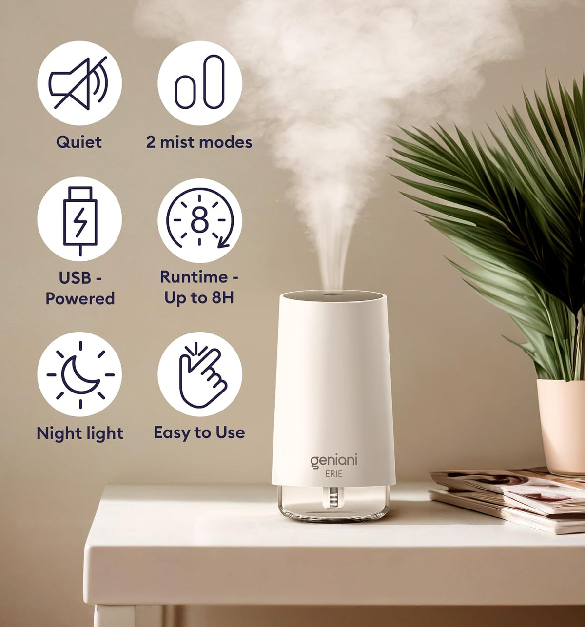 GENIANI Cool Mist Air Humidifiers for Bedroom, Plants, and Large Rooms - Quiet Humidifiers for Baby Room with Auto Shut Off & Night Light (3.9L, White)