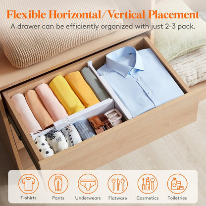 Lifewit 5 Pack Upgrade Drawer Dividers for Clothes, 4" High 11"-17" Adjustable Dresser Drawer Organizers, Expandable White Plastic Drawer Separators for Kitchen, Nursery, Office Organization & Storage | 5 Pack 11"-17" Expandable White Plastic Drawer