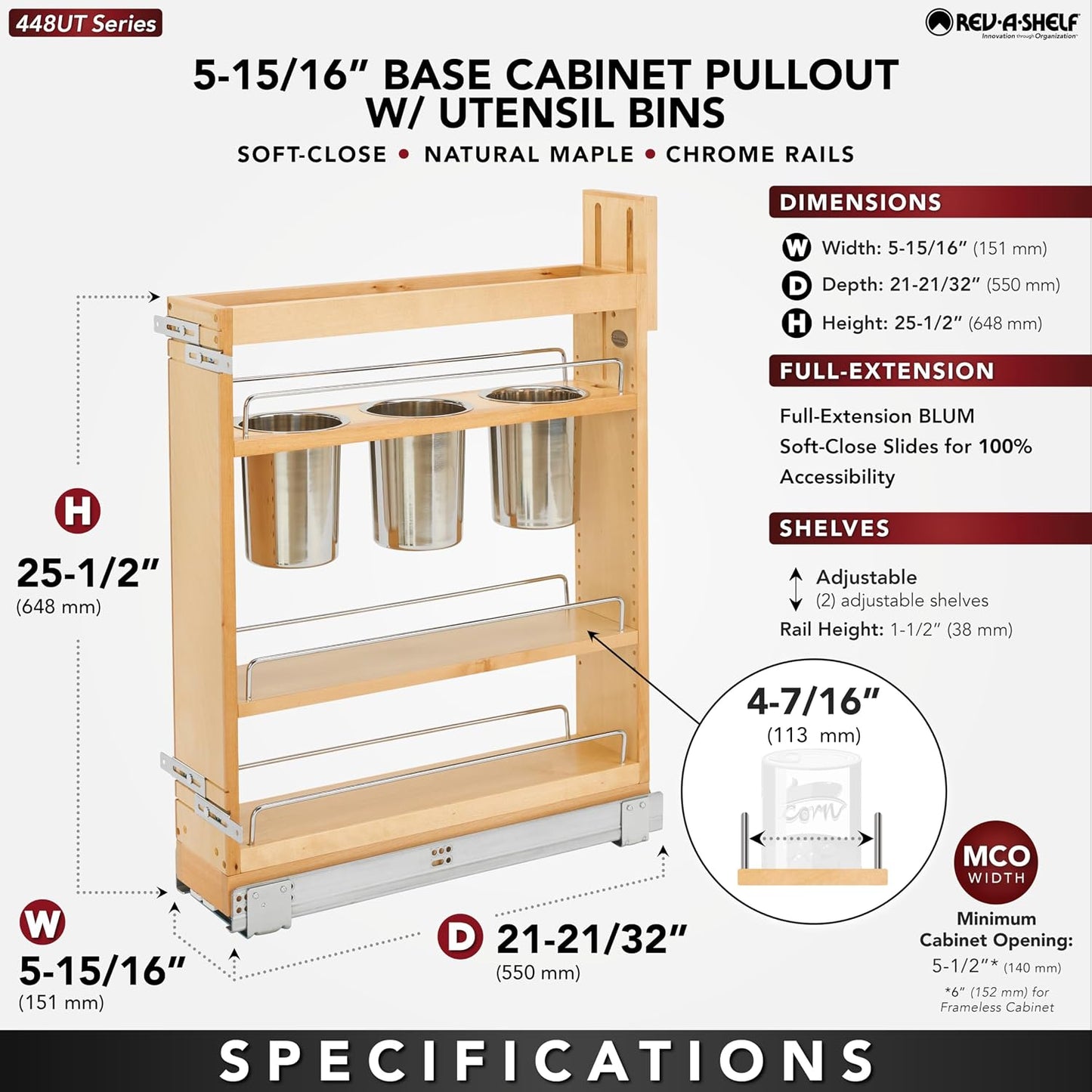 Rev-A-Shelf Pullout Organizer w/Soft-Close, Min Cabinet Opening 5.5" W | 5" W Slide Out Pantry Spice or Utensil Storage Rack w/BLUM Soft-Close & Adjustable Shelves for Base Cabinet, 448UT-BCSC-5C
