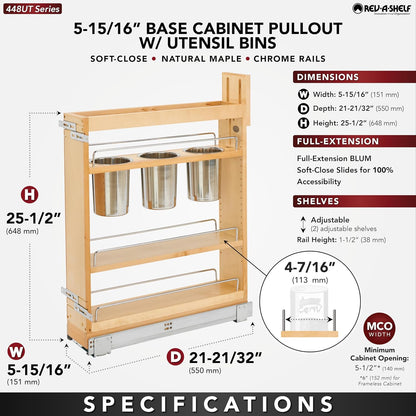 Rev-A-Shelf Pullout Organizer w/Soft-Close, Min Cabinet Opening 5.5" W | 5" W Slide Out Pantry Spice or Utensil Storage Rack w/BLUM Soft-Close & Adjustable Shelves for Base Cabinet, 448UT-BCSC-5C