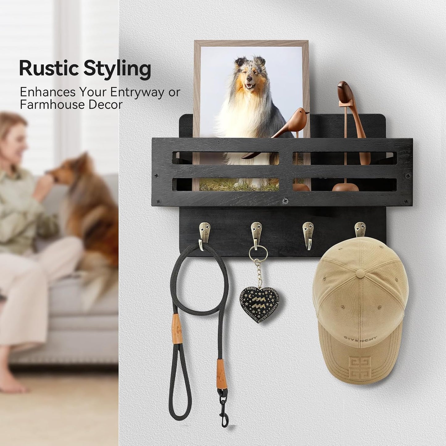 Key Holder Wall Mount, 10 inch Decorative Key and Mail Holder for Wall, with Mail Organizer & 4 Key Hooks, Rustic Wooden Key Rack for Hanging Dog Leash Sunglasses, Entryway Key Hanger, Black