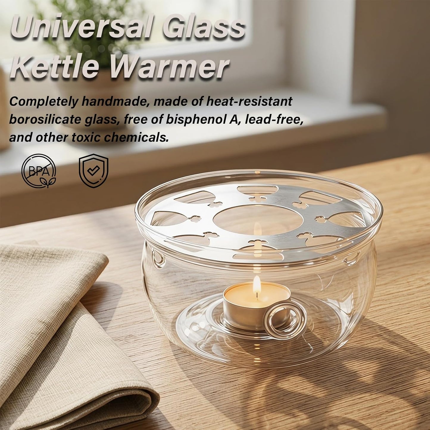 Glass Teapot Warmer 5", Borosilicate, for 600-1800ml, Candle Not Included | Handcrafted Lead-Free Glass, Heatproof Tealight Warmer – Fits Most Standard Teapots
