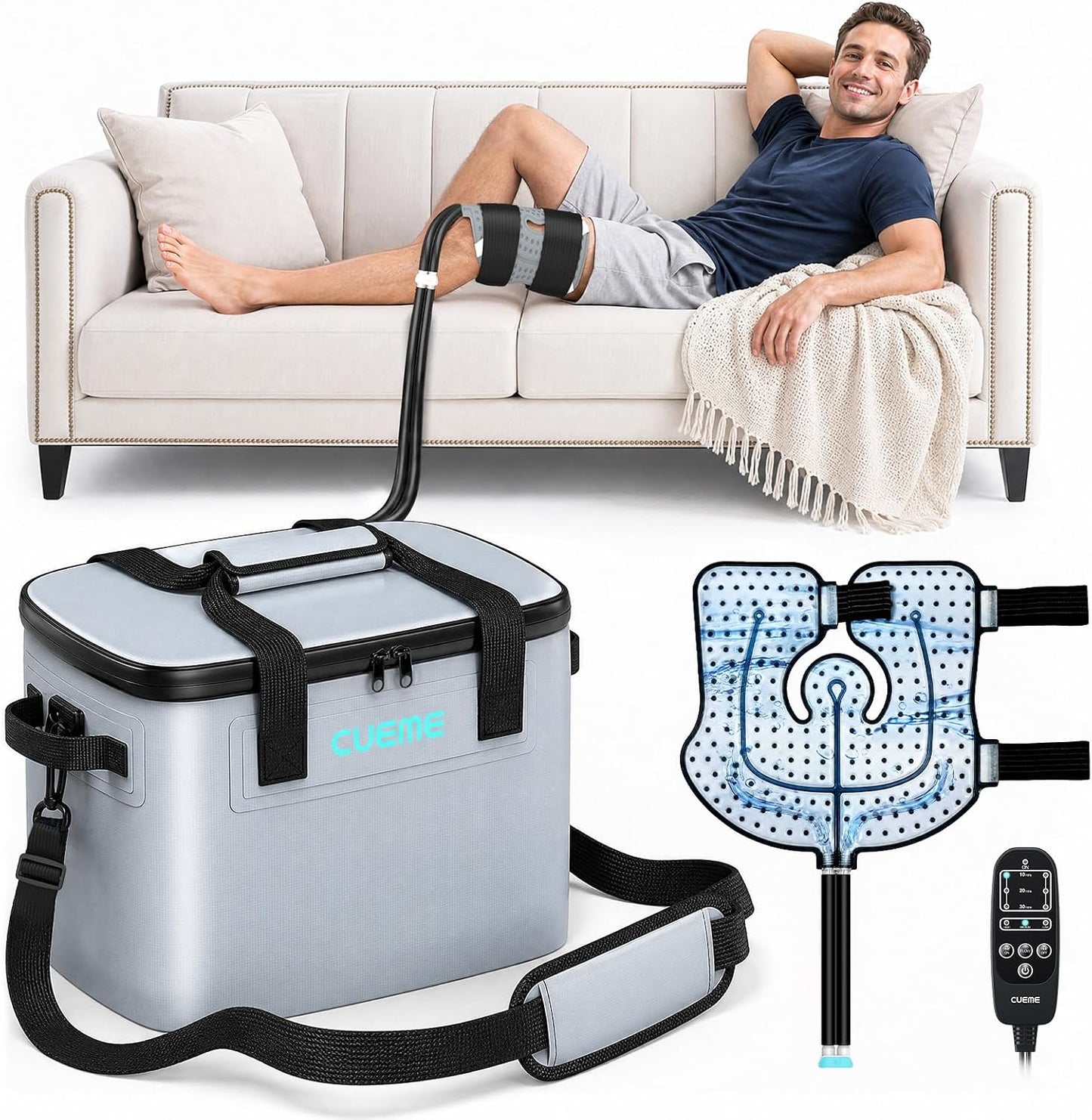 CUEME Ice Machine for Knee After Surgery with Upgraded Strap-Sewn Compression Pad (16.14'' X 14.56''), 20 QT, Programmable Timer Knee Ice Machine, Cold Therapy Machine for Shoulder/Hip/Ankle/Foot