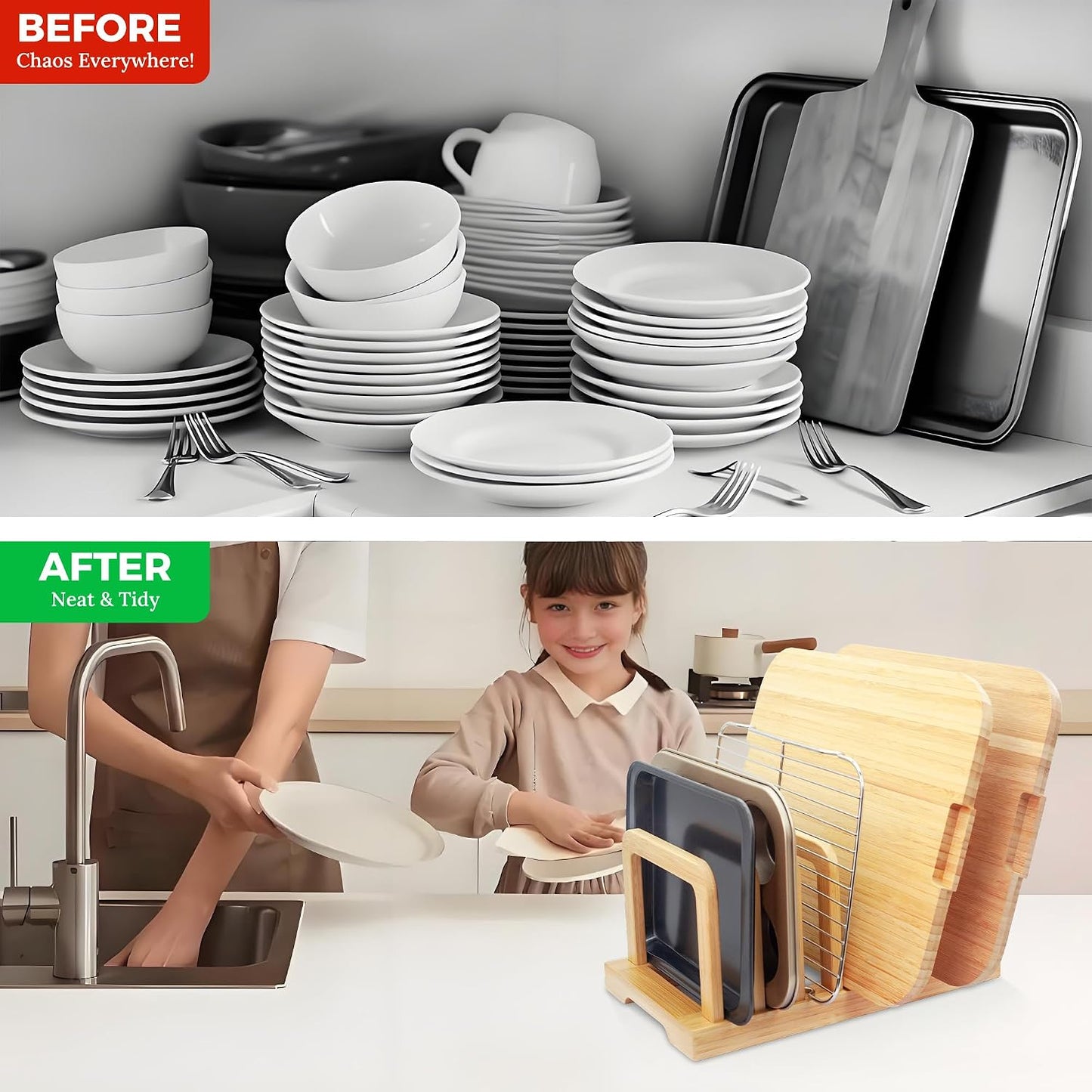 MinBoo Bamboo 5-Slot Adjustable Cutting Board Rack & Bakeware Organizer with Non-Slip Pads for Kitchen Storage,Small