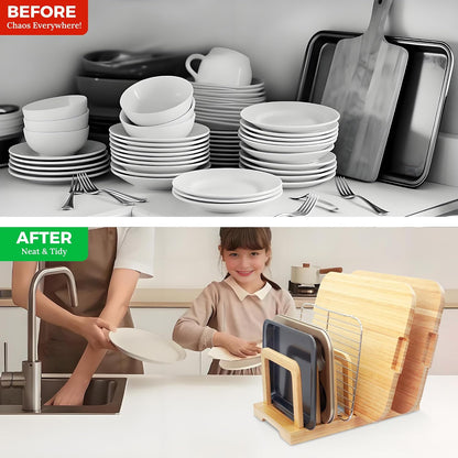 MinBoo Bamboo 5-Slot Adjustable Cutting Board Rack & Bakeware Organizer with Non-Slip Pads for Kitchen Storage,Small
