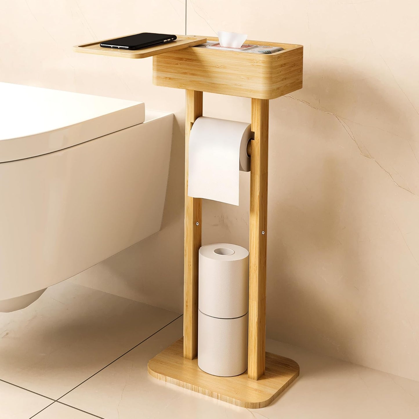 4-in-1 Black Toilet Paper Holder Stand with Storage Shelf Box, 360° Rotating Bamboo Free Standing Toilet Tissue Roll, Toilet Wipes Dispenser Organizer, Temporary Desktop for Bathroom (Patent) | 360° Rotating Bamboo Free Standing Toilet Tissue Roll,