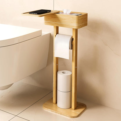 4-in-1 Black Toilet Paper Holder Stand with Storage Shelf Box, 360° Rotating Bamboo Free Standing Toilet Tissue Roll, Toilet Wipes Dispenser Organizer, Temporary Desktop for Bathroom (Patent) | 360° Rotating Bamboo Free Standing Toilet Tissue Roll,