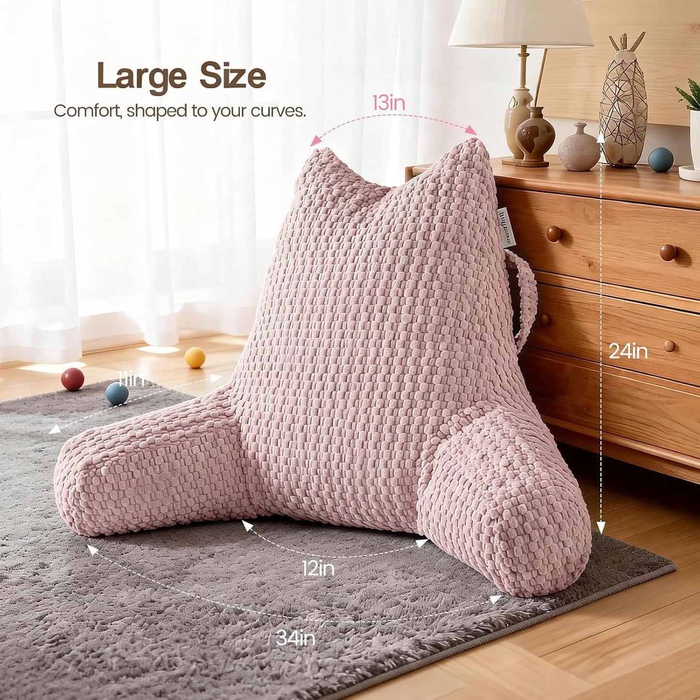 Standard Reading Pillow for Bed Sitting Up, Backrest Pillow with Shredded Memory Foam Filling, Back Support Cushion, Bed Rest Pillow with Arms, Pockets and Washable Cover-Grey