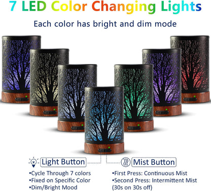EQUSUPRO Essential Oil Diffuser 150ml Black Metal Aromatherapy Oil Diffuser Ultrasonic Cool Mist Diffuser with Auto Shut-Off Protection,7 Colors Changed LED for Home Office SPA Yoga