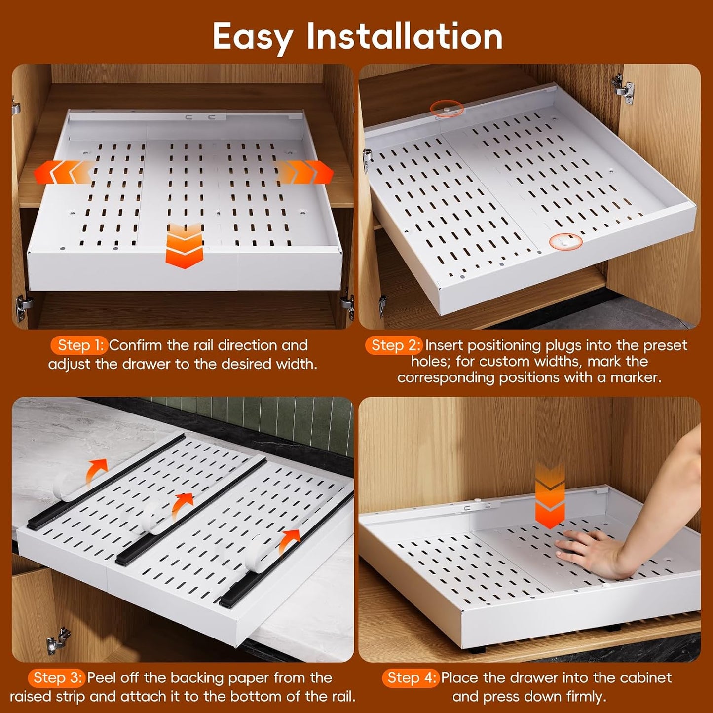 Pull Out Cabinet Organizer, 21"Deep Slide Out Drawers for Kitchen Cabinets | Adjustable Width 12.05"-20.4", For Framed/Frameless cabinets, No Drill Adhesive, 3‑Rail Smooth Glide, Height-Raising Pads