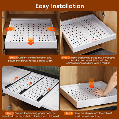Pull Out Cabinet Organizer, 21"Deep Slide Out Drawers for Kitchen Cabinets | Adjustable Width 12.05"-20.4", For Framed/Frameless cabinets, No Drill Adhesive, 3‑Rail Smooth Glide, Height-Raising Pads